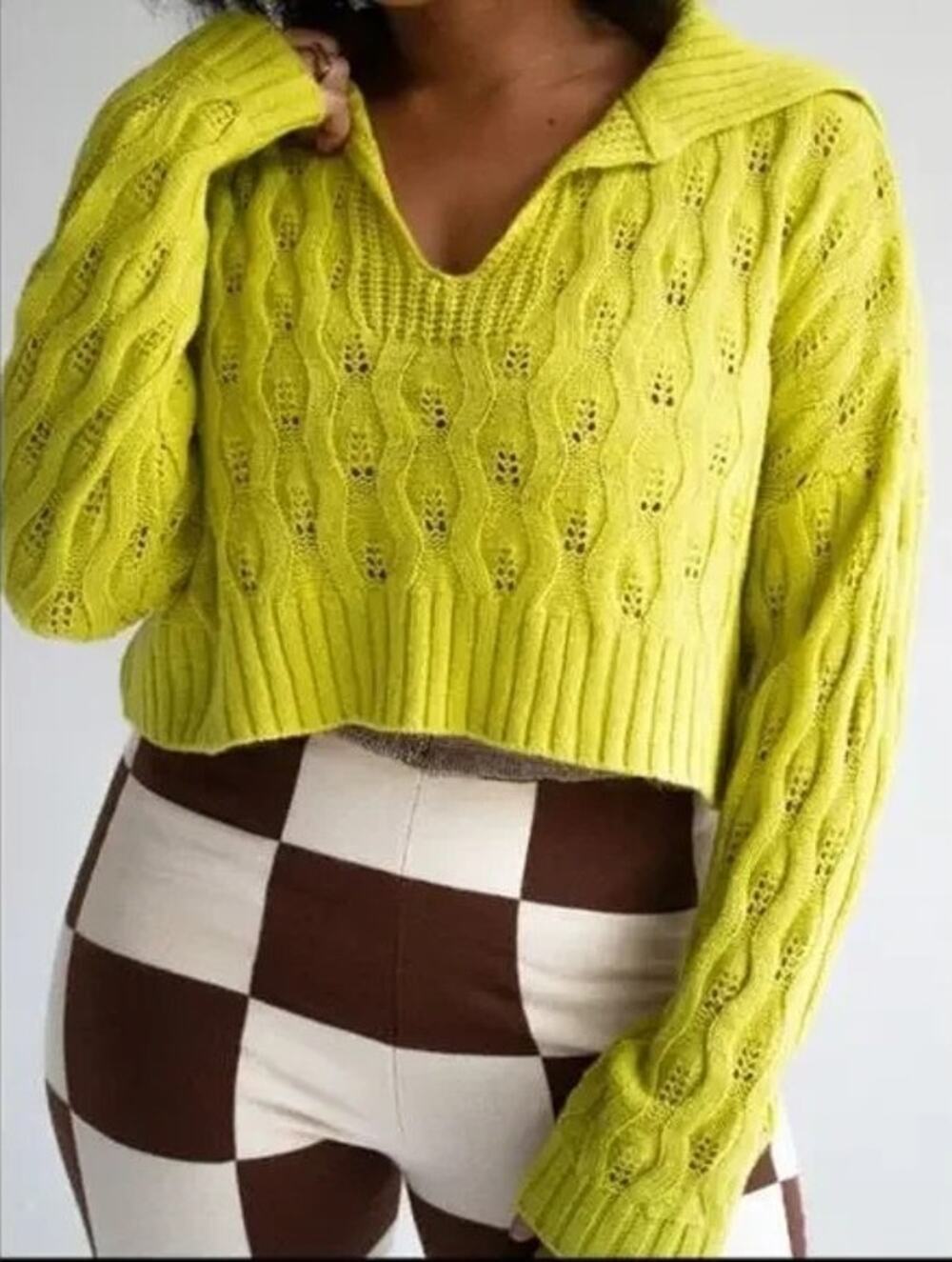 Find Me Now Cable Knit Sweater Chartreuse Cropped Eyelet Cozy Pullover Size L